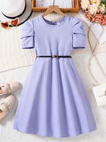 SHEIN Tween Girl Round Neck Short Sleeve Pleated Minimalist Dress - Purple - View 1