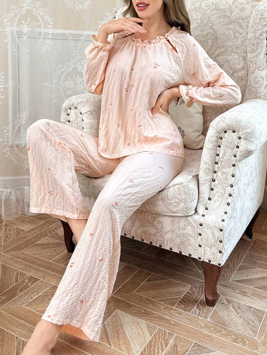 CottageSlumber Ruffle Trim Round Neck Long Sleeve Pajama Set With Ditsy Floral, Crepe Fabric - Coral Pink - View 1