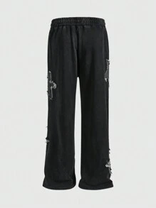 ROMWE MEN Street Life Men's Fleecy Star Patch Drawstring Elastic Waist Sweatpants - Black - View 2