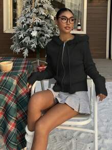 SHEIN EZwear Women's Black Faux Fur Hooded Zip-Up Knit Cardigan, New Autumn/Winter Collection