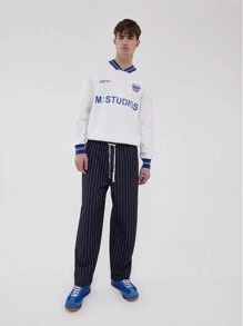 Musero Drawstring Elasticated Waistband Pinstripe Straight Leg Trousers SPRING SUMMER - Royal Blue - View 3