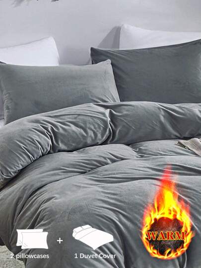 3件套深灰色天鹅绒水晶绒床品套装，秋冬季保暖法兰绒面料，双面纯色，宿舍床品套装，女士款，包含1个羽绒被套和2个枕套，超柔软，可机洗，不含填充物，尺寸可选：单人床、双人床、大号床、特大号床。