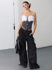Retro Contrast Color Fluffy Patchwork Waist Crop Top, Stylish Spring Women's Blouse Valentine's Day - Multicolor - View 7