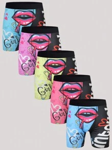 5 pièces/Paquet Caleçons décontractés à patchwork avec imprimé de lèvres pour hommes