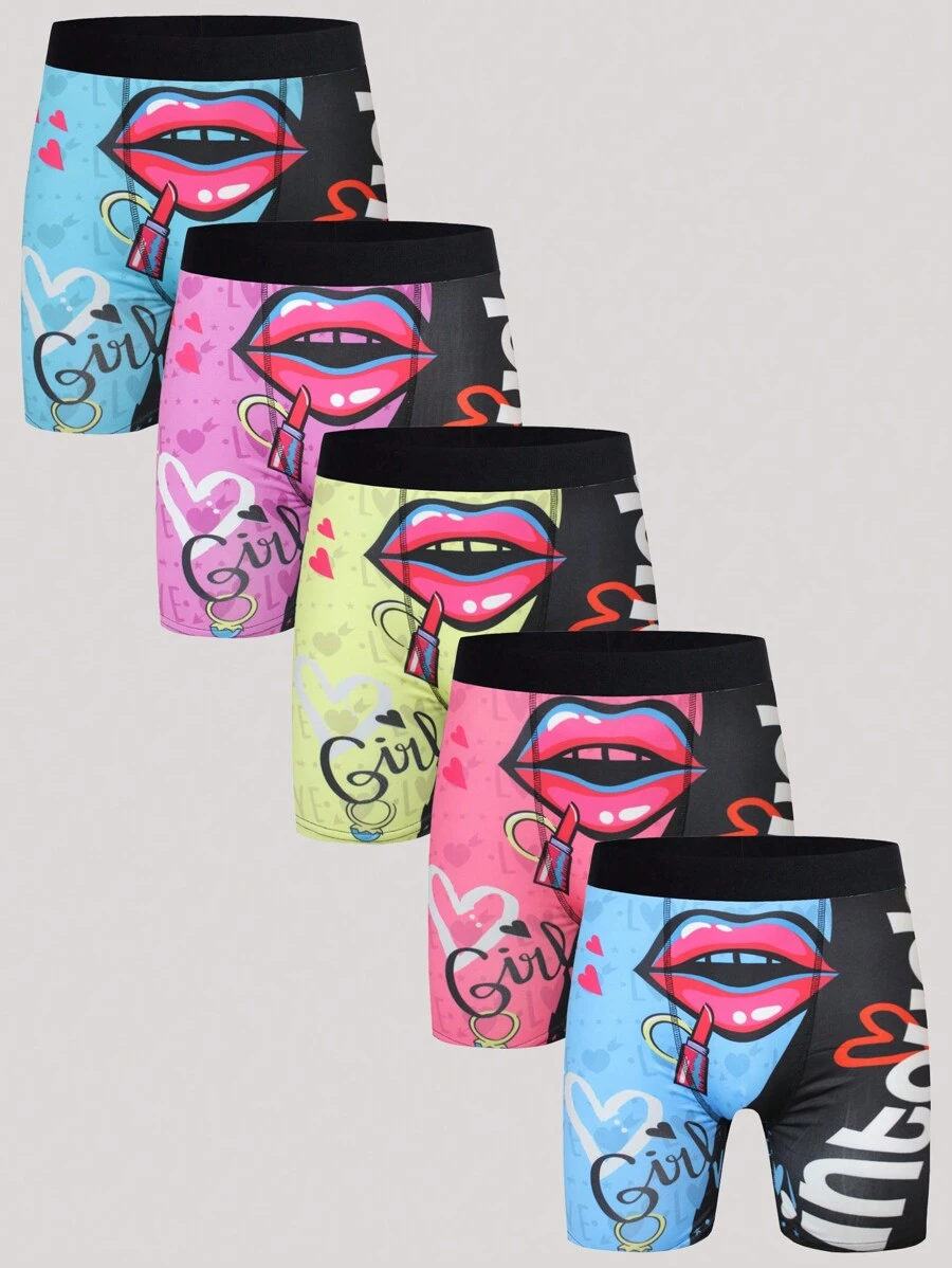 5 pièces/Paquet Caleçons décontractés à patchwork avec imprimé de lèvres pour hommes