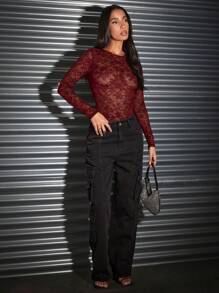 SHEIN BAE 女士性感夜店装蕾丝透视紧身衣 - 酒紅色 - 查看 3