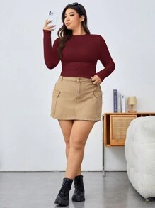 Solflare Ngày lễ tình nhân, Áo thun nữ cổ tròn tay dài màu trơn cỡ lớn đơn giản thường ngày - Màu Đỏ Sâu - Xem 4