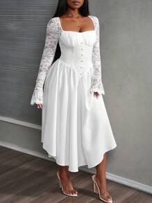 Slaydiva Vierkante hals kanten mouw mid-calf formele feestjurk - Zwart - M