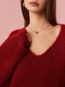 Enchnt Women High Collar Casual Solid Color Sweater - Burgundy - View 7