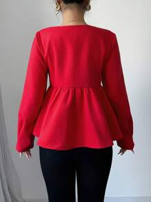 Chiquease 女士红色圣诞派对度假中国新年蝴蝶结可爱优雅约会保暖长袖荷叶边收腰修身大衣 - 紅色 - 查看 2