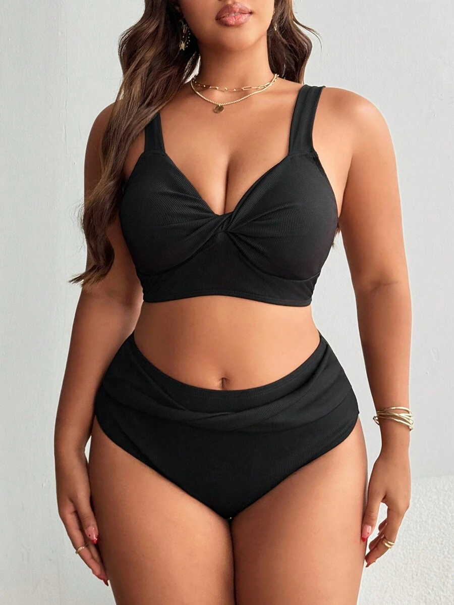 SHEIN Swim Curve Plus Size Women Twist Design Backless Bikini Top Summer - Black - View 1