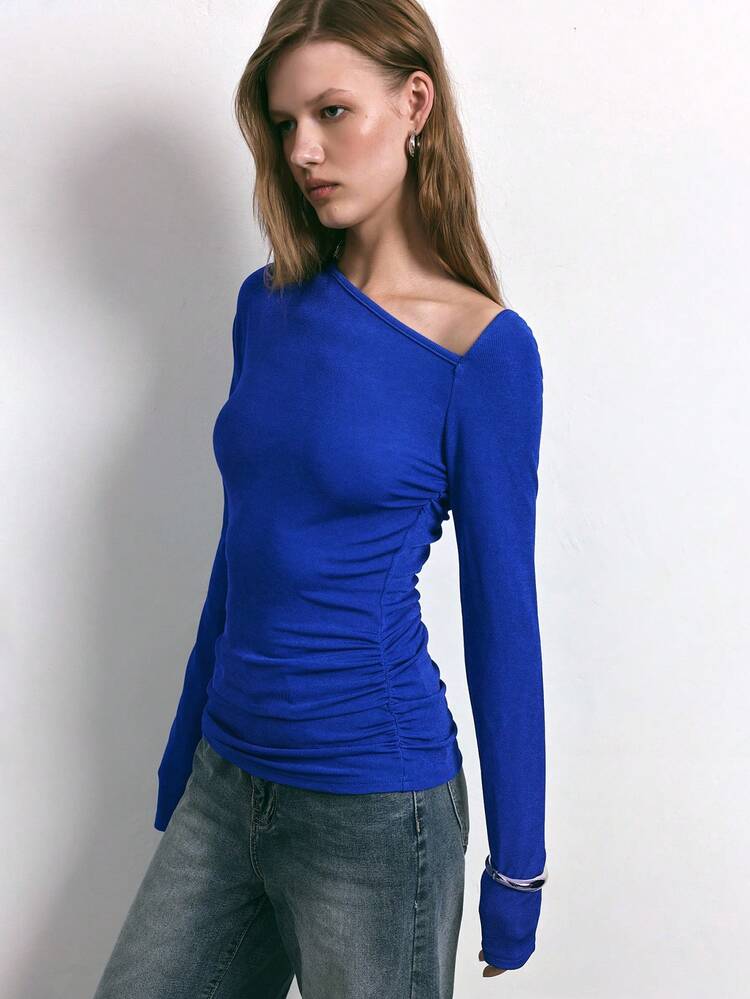 SHEIN Maija Bluzka z dzianiny Deep Blue Urban Chic Marszczona, dopasowana, skośne ramiona, swobodna, elegancka, seksowna, odpowiednia na Boże Narodzenie, imprezę noworoczną, wakacje, styl uliczny vintage