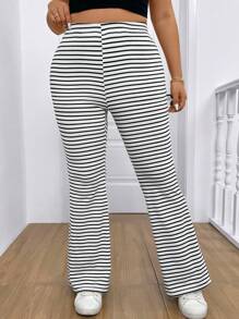 SHEIN LUNE 大码女式高腰条纹喇叭裤休闲裤度假新年女装冬季新年女装