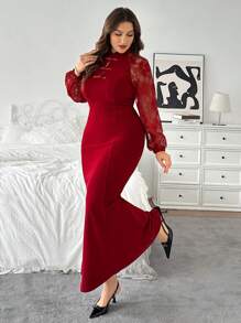 SHEIN Privé Váy xòe ren chắp vá phong cách tiệc mừng năm mới cỡ lớn màu đỏ rượu vang, thích hợp cho tiệc tùng & ăn uống, ngày lễ tình nhân - Đỏ - Xem 6