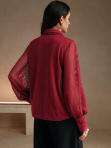 Anewsta Burgundy Elegant Ruffled Lace 3D Floral Sheer Long Sleeve Blouse, New Year Women's Outfit Women Shirt