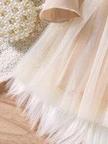 Baby Girl Elegant Adorable Simple Fashion Versatile Comfortable Soft Knit Contrast Mesh, Ruffle Collar Bow Decor Solid Color Apricot Long Sleeve Dress, Suitable For Autumn/Winter/Spring Casual Wear, Outdoor Play, Birthday Party