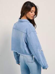 WESTFADE Faux Pearl Bow Embellished Cropped Denim Trucker Jacket