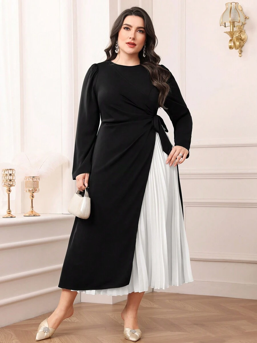 Modelyn Plus Size Solid Color Casual Everyday Dress, Simple And Fashionable Long Evening Dresses - Black and White - View 1