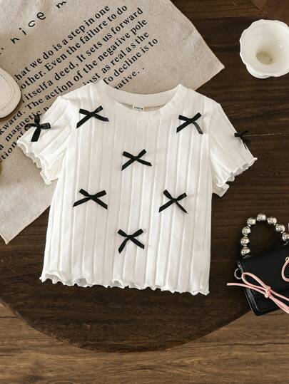 SHEIN LMoss Kids LMoss  Young Girl Casual Knitted Pit Strips T-Shirt With Bow Decoration,Suitable For Spring And Summer