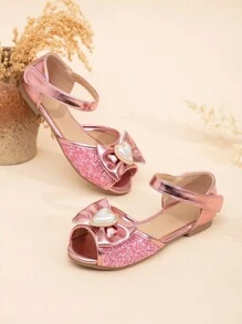 Sandalias princesa planas de punta abierta para niñas con decoración de lazo de metal, brillo, perla y rhinestone - Rosa - Ver 3