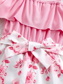 Fashionable Casual Holiday Ruffled Neck Sleeveless Floral Print Romper Jumpsuit For Little Girls, Suitable For Spring/Summer Vacation - Multicolor - View 6