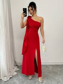 Selianne Váy xòe tay loe xẻ họa tiết hoa một bên vai màu đỏ - Đỏ - Xem 5