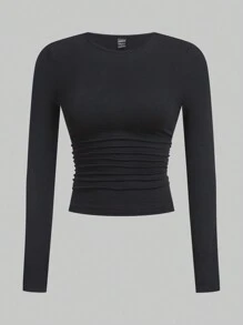 SHEIN EZwear Multi-Color Knitted Women's Round Neck Long Sleeve Ruched Bodycon T-Shirt