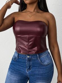 SHEIN PETITE CURVE Plus Size Women Crop Top PU Leather Minimalist Style Casual Top, Tube Top, Going Out Tops Women - Burgundy - View 5