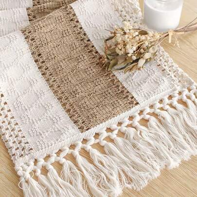 1pc Boho Table Runner Macrame Table Runners For Home Decor ,Cream & Brown Macrame Table Runner With Tassels For Boho Dining Bedroom Decor Rustic Bridal Shower,Farmhouse Rustic Table Runner,Place Mat,Thanksgiving Christmas Home Decor (Multiple Sizes Available)