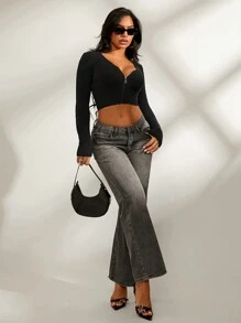 SHEIN SXY Asymmetric Butterfly Sleeve Cropped Metallic Zipper Cardigan, Versatile Knitted - Black - View 7