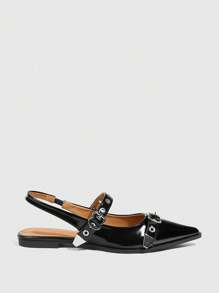 CUCCOO GRLICON 女士时尚黑色金属扣踝带尖头平底鞋，适合通勤、约会、聚会、度假、购物