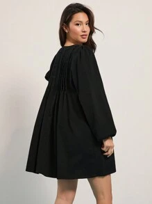 WESTFADE 西部女牛仔蝴蝶结前褶皱 V 领长袖牛仔迷你连衣裙