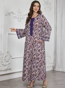 Al Najma Vestido con escote redondo, estampado con flores mixtas y ribete de color liso, con pañuelo para la cabeza, modesto