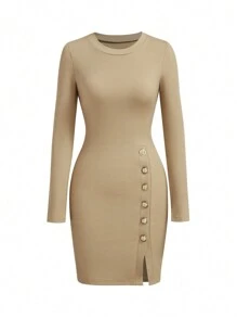 INAWLY Women's Fitted Button Crew Neck Split Long Sleeve Dress