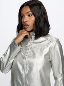 SUMWON WOMEN Metallic Faux Leather Motorcycle Biker Jacket With Side Zippers Designer Statement Modern Fall Winter Classic Fashion Outerwear