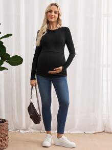 SHEIN Solid Color Long Sleeve Casual Round Neck Fitted Maternity Nursing T-Shirt