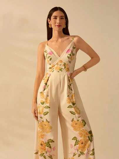 CAJUNI 女士波西米亚风彩色热带花卉印花无袖长款连体裤假日休闲海滩夏季连体裤