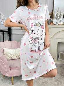 女士可爱猫咪与波尔卡圆点字母印花睡衣裙，Moo Moo - 彩色 - 查看 2