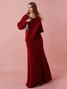 Enchnt 1 件纯色毛衣裙，简约，时尚，休闲，日常穿着 - 酒紅色 - 查看 3