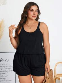 Swim Lushoire Plus Size Solid Color Spaghetti Strap Ruched Simplistic Casual Tankinis Summer