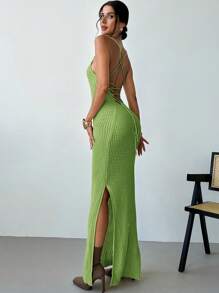 Firerie Đầm dệt kim bodycon midi hở lưng thanh lịch cho nữ, gợi cảm và tối giản để mặc hàng ngày - màu xanh lá - Xem 2