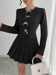 SHEIN Privé Women's Quality Diamond Bow Accent Waist Blazer - Black - View 7