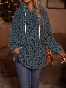 SHEIN LUNE Sweatshirt à capuche et cordon de serrage à motif léopard pour femmes, automne/hiver