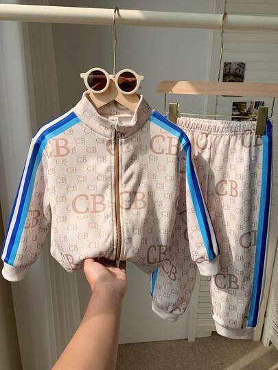 Bộ 2 quần áo thể thao và quần dài thoải mái, họa tiết sọc xanh vui nhộn dành cho bé trai, thích hợp mặc khi đi du lịch, đi học, tụ tập hàng ngày, trang phục thu/đông trở lại trường, vải nỉ, dày dặn