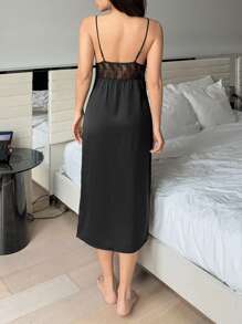 DAZY Camisón sexy de mujer con contraste de encaje, lunares y tiras de malla