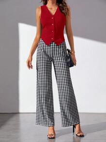 SHEIN Tall Women's Solid Color Casual Single-Breasted V-Neck Vest In Fall/Winter - Red - View 4