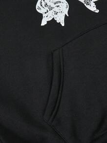 SHEIN EZwear 女士休闲蝴蝶结图案撞色蕾丝宽松运动衫连帽衫 - 黑色 - 查看 6