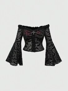 ROMWE Grunge Punk Plus Size Women Vintage Punk Gothic Bat, Moon, Cross Print Flocked Off-Shoulder Ruffle Flare Sleeve Bowknot Front Blouse