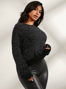 SHEIN SXY Women's Round Neck Long Sleeve Loose Casual Sweater, Autumn/Winter - Red - View 3