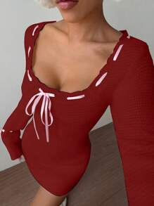 Flirla Women Contrast Color Block Front Tie Long Sleeve Casual Short Dress Fall Cloth For Women - Red - View 4